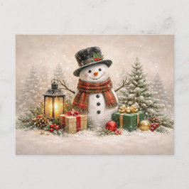 Cozy Christmas Snowman with Lantern and Gifts Feiertagspostkarte