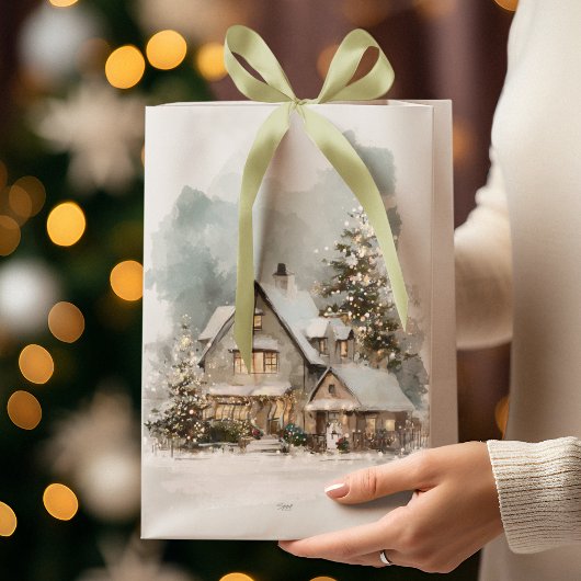 Cozy Christmas Snowy House Gift Bag Mittlere Geschenktüte
