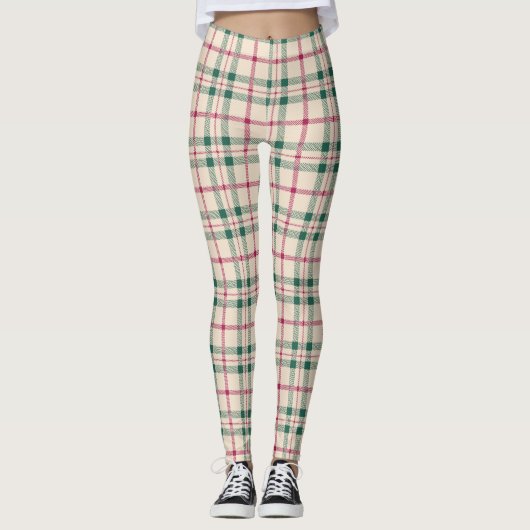 Cozy Cream Tartan Plaid Pink & Green Checks Leggings (Vorderseite)