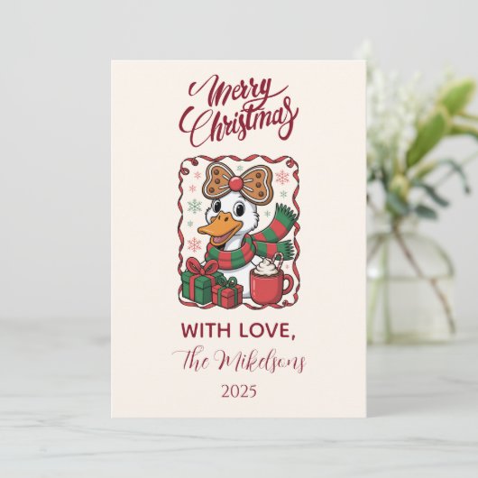 Cozy Duck Christmas Feiertagskarte (Stehend Vorderseite)