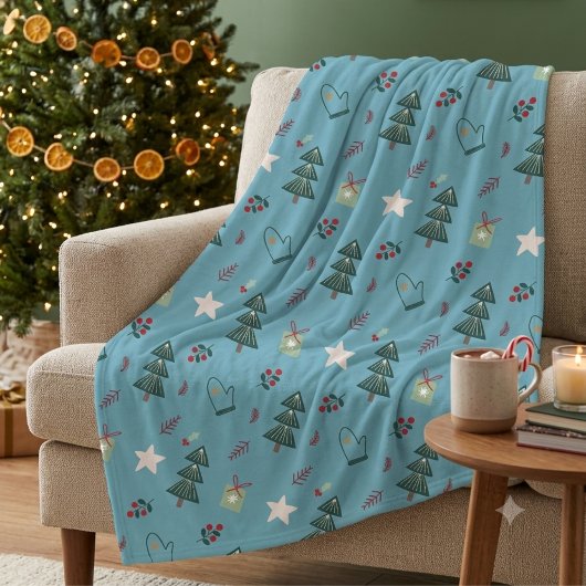 Cozy Dusty Blue Watercolor Christmas Tree Pattern Fleecedecke