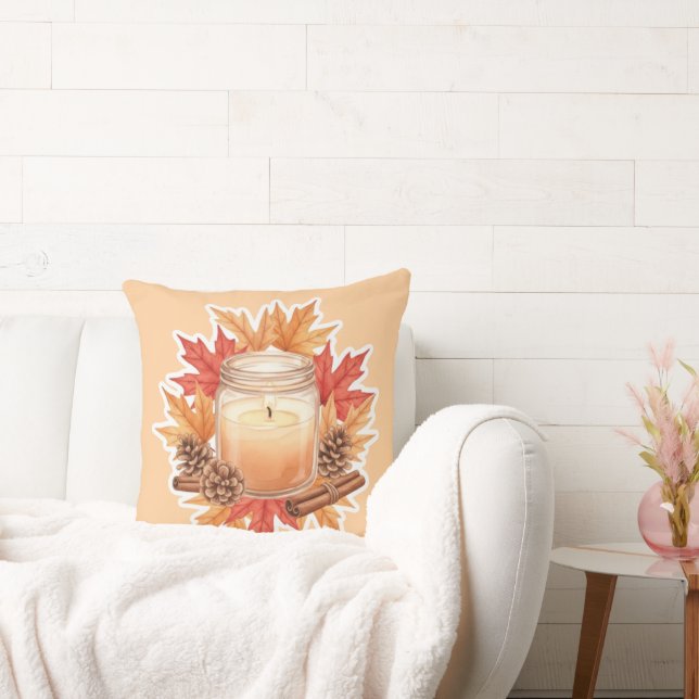 Cozy Fall Candle with Maple Leaves | Autumn Design Kissen (Liege)