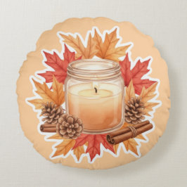 Cozy Fall Candle with Maple Leaves | Autumn Design Rundes Kissen