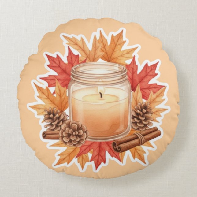 Cozy Fall Candle with Maple Leaves | Autumn Design Rundes Kissen (Vorderseite)