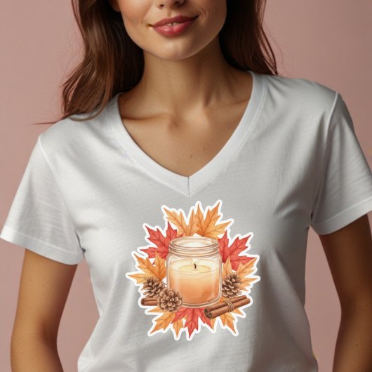 Cozy Fall Candle with Maple Leaves | Autumn Design T-Shirt