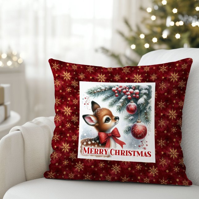 Cozy festive winter scene baby fawn snowy Christma Kissen (Cozy festive winter scene baby fawn snowy Christmas pillow)