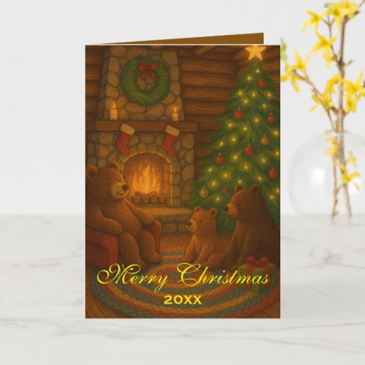 Cozy Fire with Bears Custom Christmas Karte (Gelbe Blume)