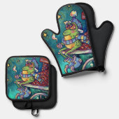 Cozy Frog Christmas & New Year Card Ofenhandschuh & Topflappen-Set (Vorderseite/Rückseite)