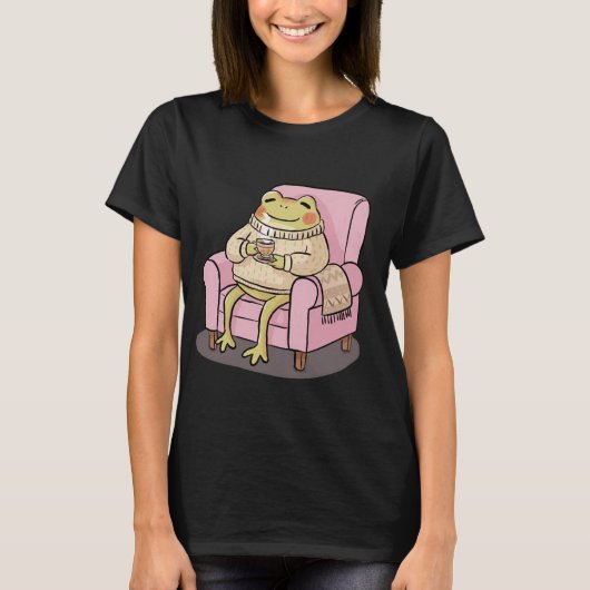 Cozy Frog Drinking Tea On Sofa Illustration T-Shirt (Vorderseite)