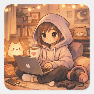 Cozy Gamer Introvert Ästhetik Hoodie Mädchen Gamin Quadratischer Aufkleber