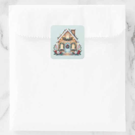 Cozy Gingerbread House Holiday Illustration Quadratischer Aufkleber (Tasche)