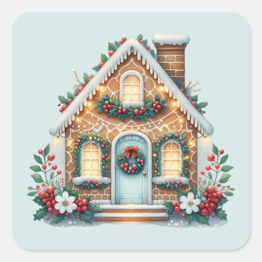 Cozy Gingerbread House Holiday Illustration Quadratischer Aufkleber (Vorderseite)