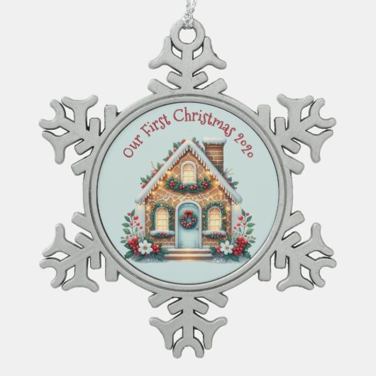 Cozy Gingerbread House Holiday Illustration Schneeflocken Zinn-Ornament (Vorderseite)