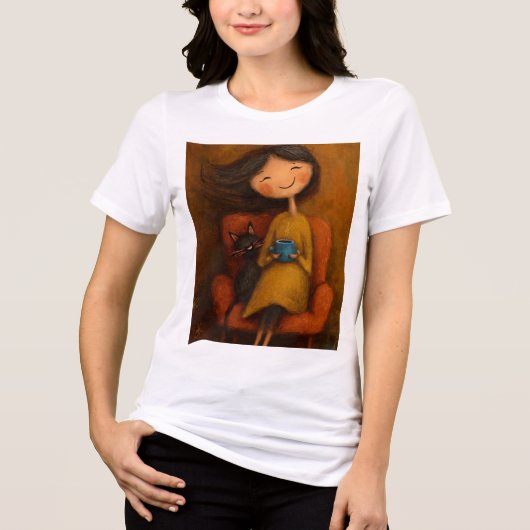 Cozy Girl with Black Cat and Coffee- Whimsical tee (Vorderseite)