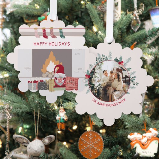 Cozy Gnome Fireplace Photo Ornament Karte