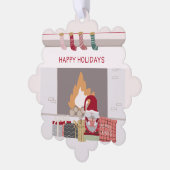 Cozy Gnome Fireplace Photo Ornament Karte (Linke Ecke)