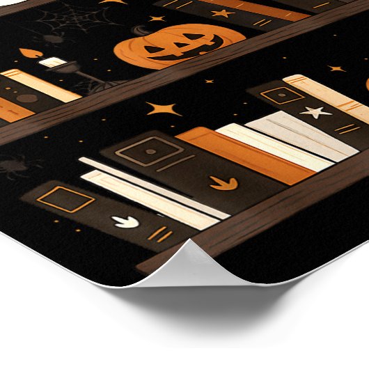 Cozy Halloween Bookshelf Ghost Pumpkin Bookish Boo Poster (Ecke)