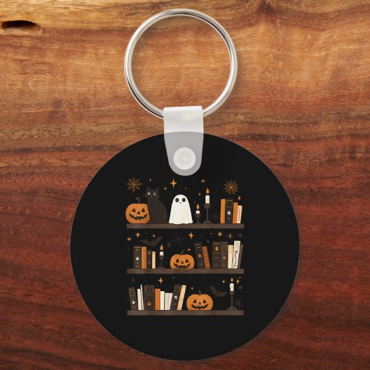 Cozy Halloween Bookshelf Ghost Pumpkin Bookish Boo Schlüsselanhänger (Vorderseite)