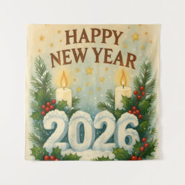 cozy happy new year 2026 party backdrop wandteppich