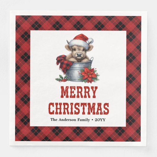 Cozy highland cow red black tartan holiday napkins serviette (Vorderseite)