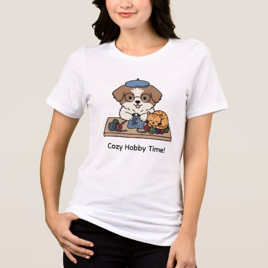Cozy Hobby Time Dog and Cat Knitting Art Tri-Blend Shirt (Vorderseite)