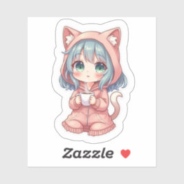 Cozy Kawaii Anime Girl with Cat Hoodie – Hot Drink Aufkleber