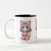 Cozy Kawaii Anime Girl with Cat Hoodie – Hot Drink Zweifarbige Tasse (Links)