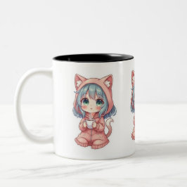 Cozy Kawaii Anime Girl with Cat Hoodie – Hot Drink Zweifarbige Tasse