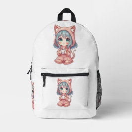 Cozy Kawaii Anime Mädchen mit Katzenpullover – Hei Bedruckter Rucksack