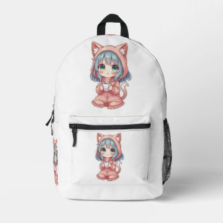 Cozy Kawaii Anime Mädchen mit Katzenpullover – Hei Bedruckter Rucksack
