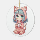 Cozy Kawaii Anime Mädchen mit Katzenpullover – Hei Keramik Ornament (Links)