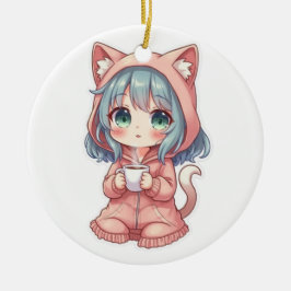 Cozy Kawaii Anime Mädchen mit Katzenpullover – Hei Keramik Ornament