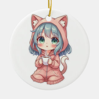 Cozy Kawaii Anime Mädchen mit Katzenpullover – Hei Keramik Ornament
