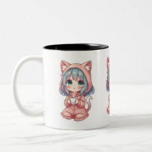 Cozy Kawaii Anime Mädchen mit Katzenpullover – Hei Zweifarbige Tasse