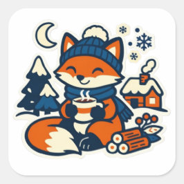 Cozy Kawaii Fox Drinking Cocoa in the Snow Quadratischer Aufkleber