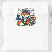 Cozy Kawaii Fox Drinking Cocoa in the Snow Quadratischer Aufkleber (Tasche)