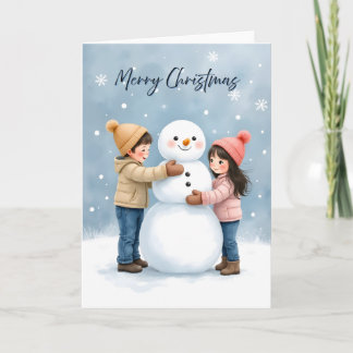 Cozy Kids Building a Snowman Blank Christmas Karte