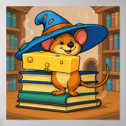 Cozy Library Scene: Humorous Mirthful Mouse Poster (Vorne)