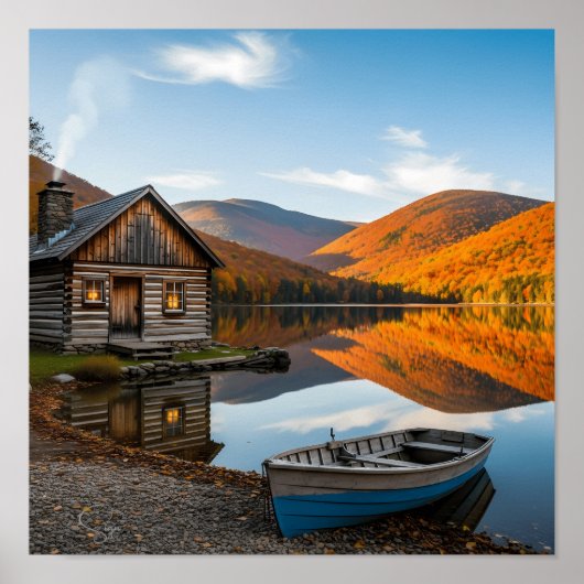 Cozy Log Cabin Fall Autumn Lake Reflection Poster (Vorne)
