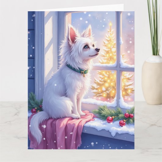 Cozy Maltese by Snowy Window Christmas Dog Art Karte (Vorderseite)