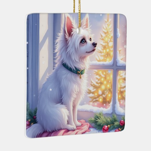 Cozy Maltese by Snowy Window Christmas Dog Art Keramikornament (Rechts)