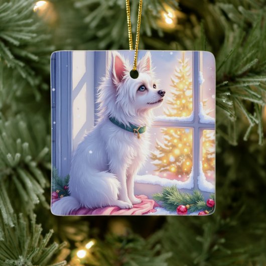 Cozy Maltese by Snowy Window Christmas Dog Art Keramikornament (Baum)