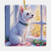 Cozy Maltese by Snowy Window Christmas Dog Art Keramikornament (Vorderseite)