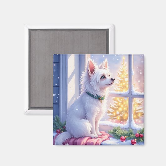 Cozy Maltese by Snowy Window Christmas Dog Art Magnet (Vorderseite/Rückseite)