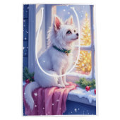 Cozy Maltese by Snowy Window Christmas Dog Art Mittlere Geschenktüte (Vorderseite)
