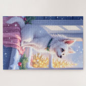 Cozy Maltese by Snowy Window Christmas Dog Art Puzzle (Horizontal)