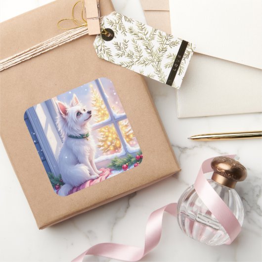 Cozy Maltese by Snowy Window Christmas Dog Art Quadratischer Aufkleber (Schenken)