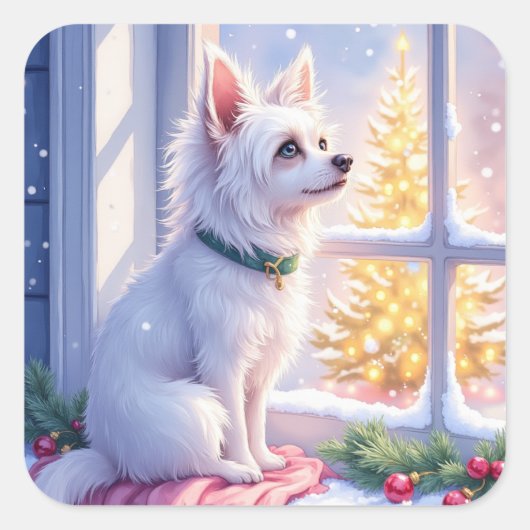 Cozy Maltese by Snowy Window Christmas Dog Art Quadratischer Aufkleber (Vorderseite)