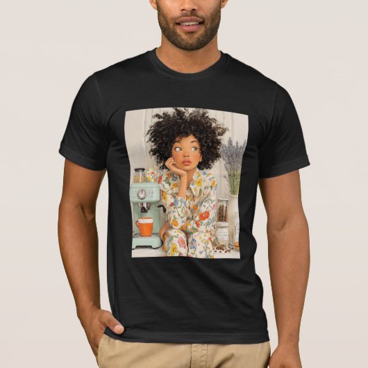 Cozy Morning Coffee Girl – Warm AI Illustration  T-Shirt (Vorderseite)