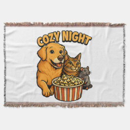 Cozy Night Movie Time – Cute Dog,Cat,Mouse Popcorn Decke